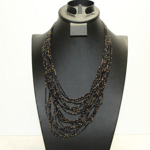 Black Gold Glass Seed Bead Multi-Strand Elegant Boho Necklace